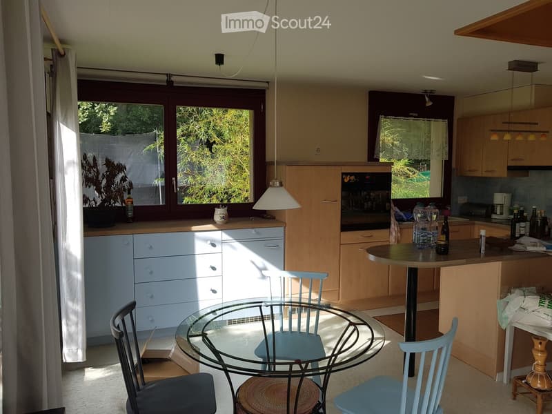 Modern kitchen with large windows, dining table, chairs, kitchen counter, cabinets, and appliances