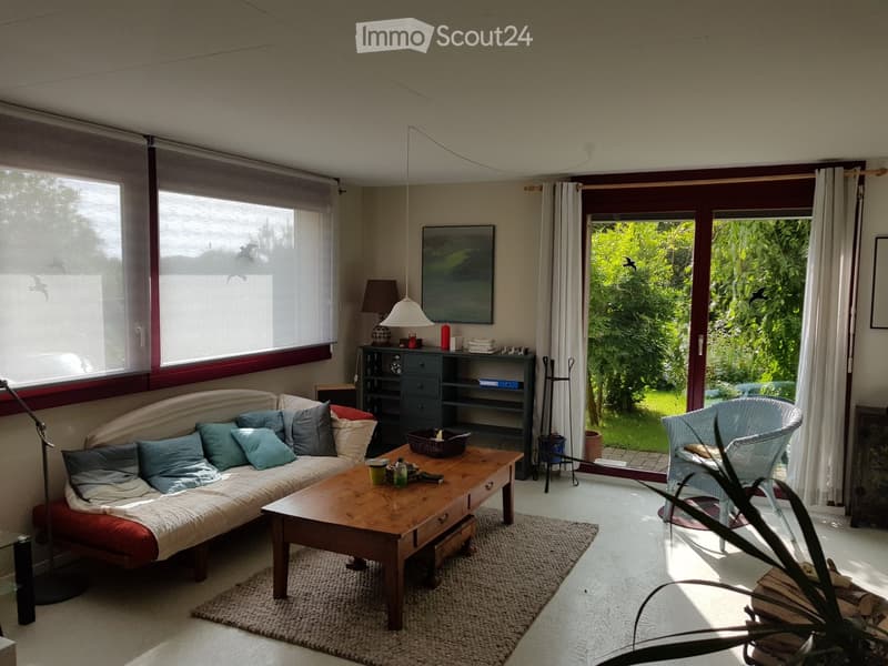 a living room with couch, wooden table, carpet, chair, shelf, and decorative items with views from the windows