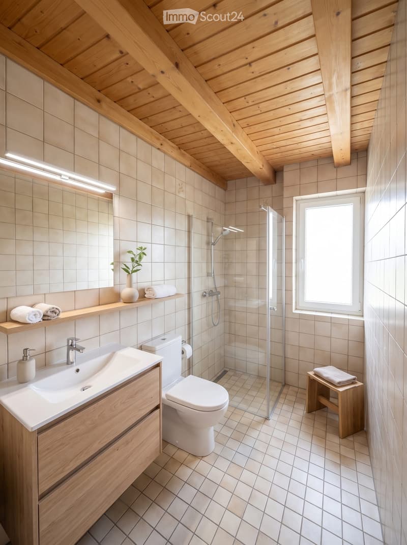 Modern bathroom with wooden ceiling beams, white tiles, a sink with wooden cabinet, toilet, glass-enclosed shower, and a small window letting in natural light.