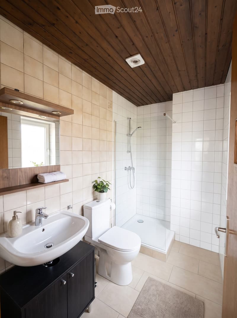 Modern bathroom with a white sink, toilet, and glass-enclosed shower. Features include a wooden shelf with towels, a potted plant, and a dark wooden cabinet.