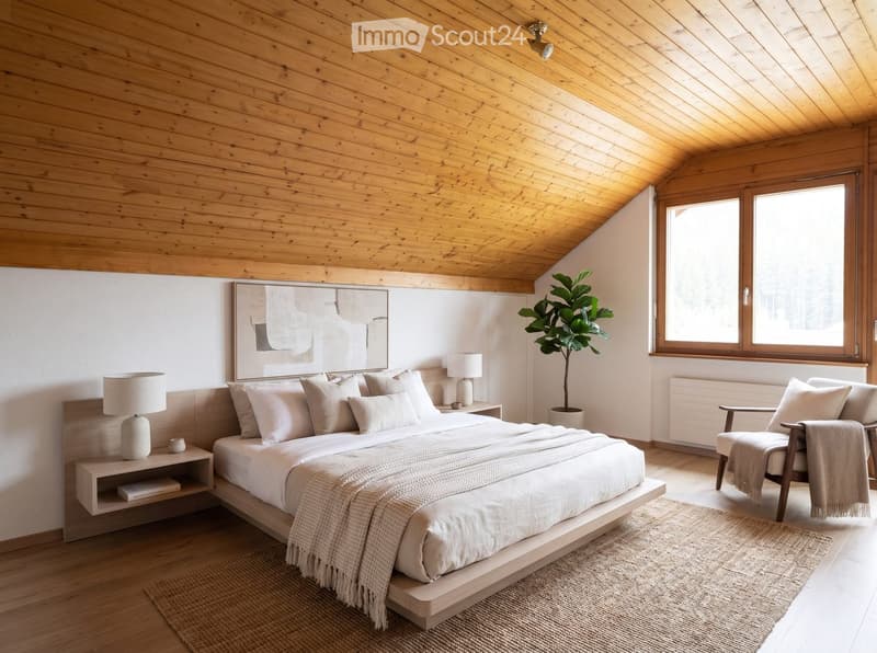 Modern bedroom with wooden ceiling and walls, large bed with white bedding, nightstands with lamps, a chair with a throw, a potted plant, and a large mirror above the bed.