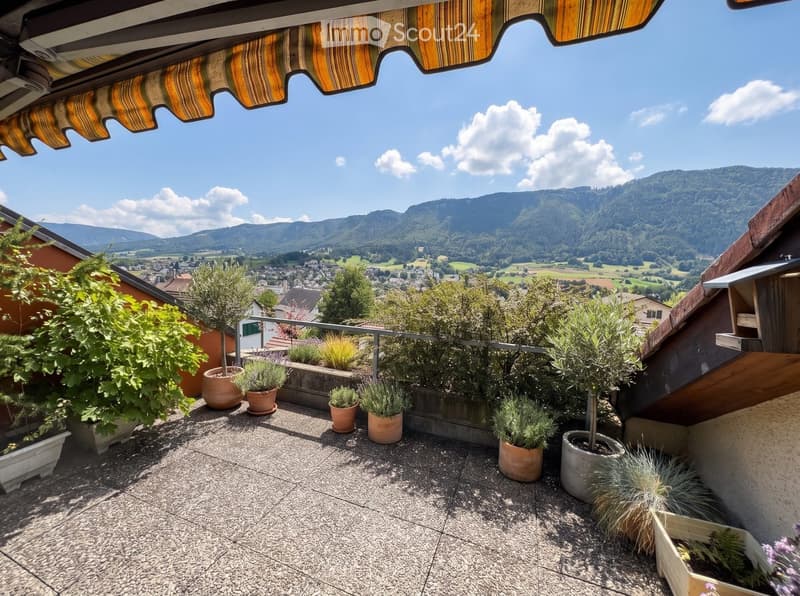 Balcony with potted plants, overlooking a scenic valley and mountains under a clear blue sky.