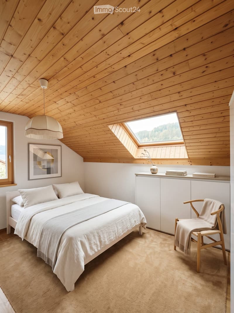 Cozy attic bedroom with wooden slanted ceilings, skylight windows, a neatly made bed, a wooden chair with a blanket, a white cabinet, and a small table with books and a vase.