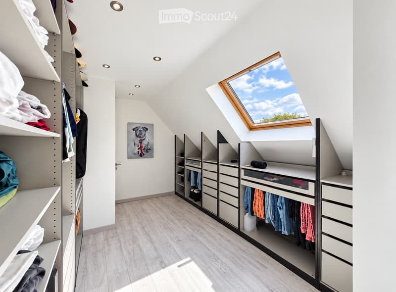 A modern, well-lit walk-in closet with built-in wardrobes, shelves, and drawers. Features a skylight window, wooden flooring, and a picture of a dog on the wall.