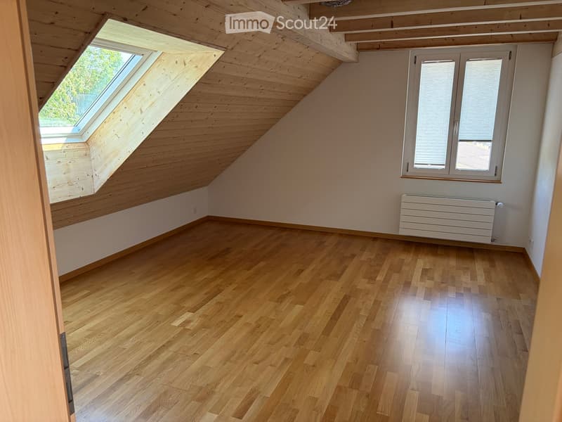 Empty attic room with wooden floors, slanted wooden ceiling, skylight window, and a radiator on the wall.