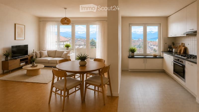 Modern living and dining area with a sofa, coffee table, dining table, chairs, TV, and a kitchen with cabinets, stove, and oven. Large windows offer a scenic mountain view.