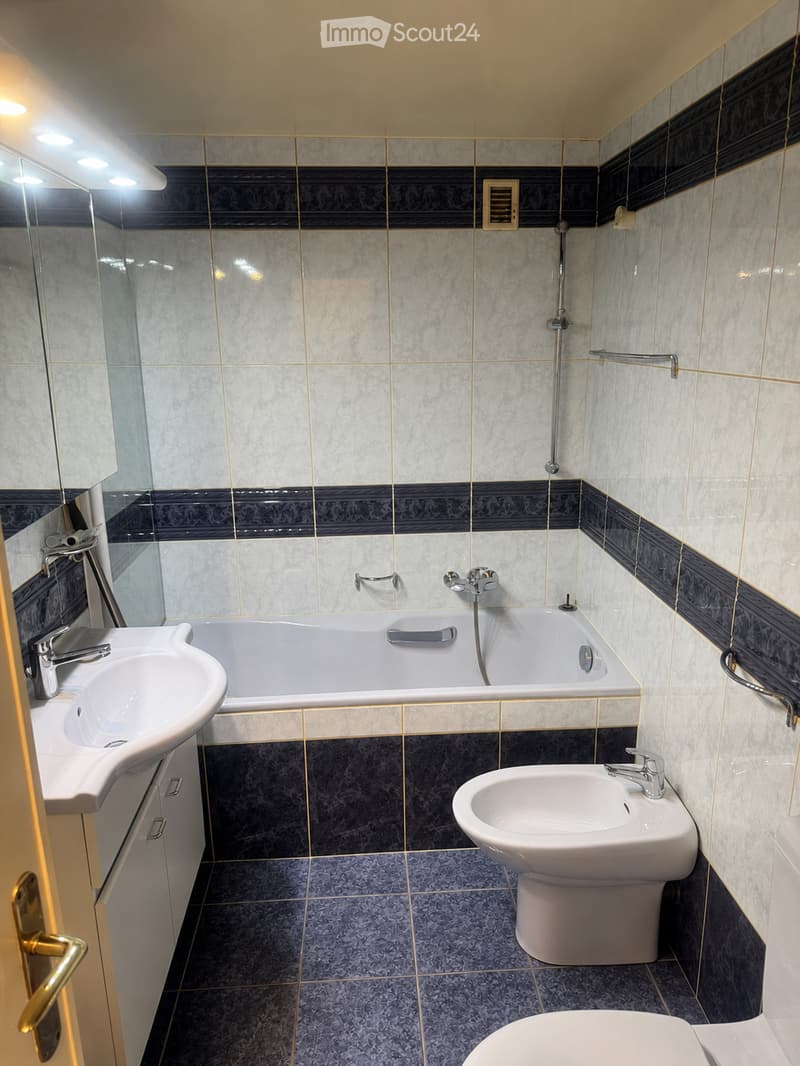Modern bathroom with a bathtub, sink, bidet, and toilet. Features tiled walls with a black and white pattern, a glass shower enclosure, and a sleek faucet design.