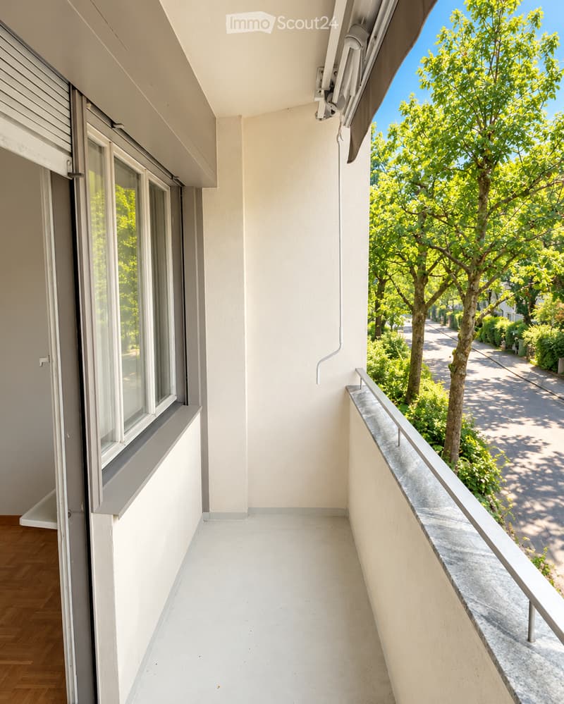 Balcony with white walls, large windows, metal railing, and a view of a tree-lined street.