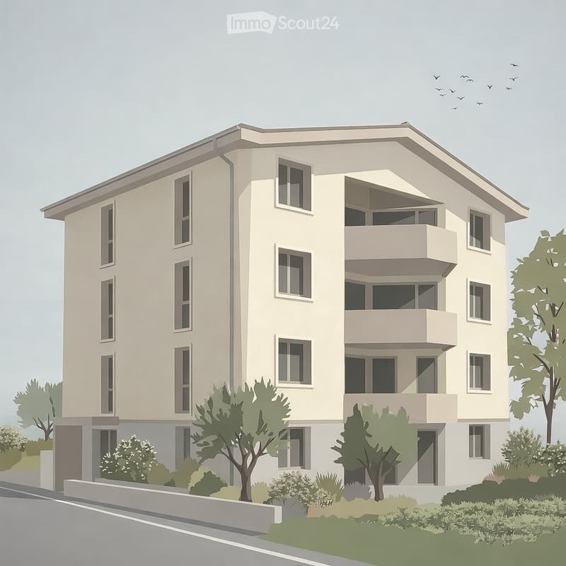 Modern three-story residential building with beige facade, multiple windows, and balconies on the upper floors. Surrounded by greenery and trees.