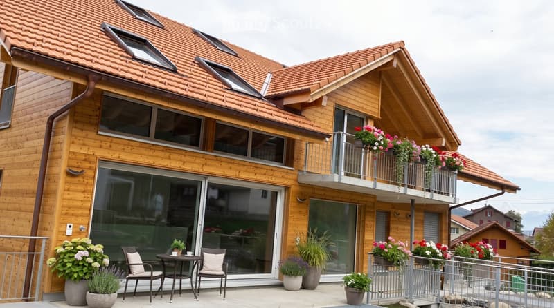 A modern wooden house with a balcony and patio area, featuring a small table, chairs, and potted plants.