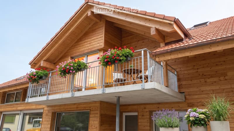 Balcony with wooden railing, metal table, chairs, and hanging flower pots with red and pink flowers. The building has wooden siding and a tiled roof.