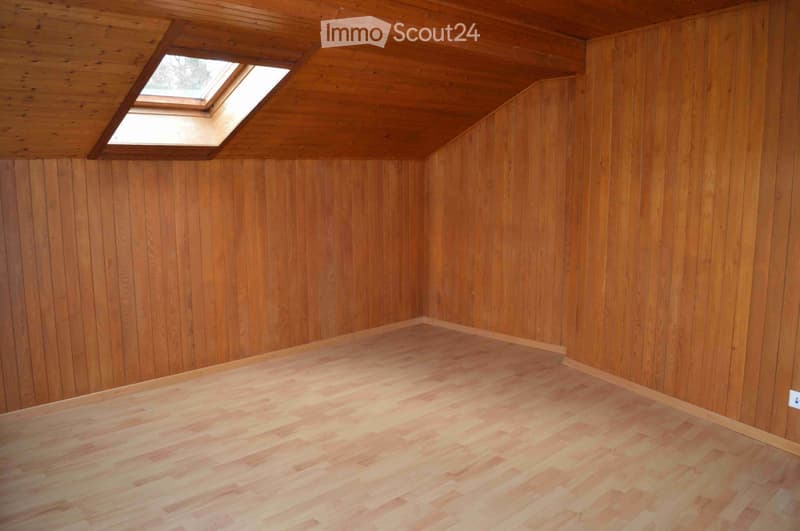 Empty room with wooden walls and floor, featuring a skylight window in the slanted ceiling.