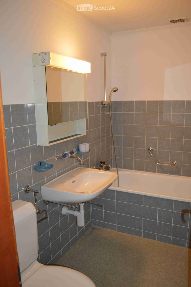 Bathroom with a sink, toilet, bathtub, and a mirror above the sink. The walls are tiled in gray and white, and there is a handheld showerhead attached to the wall.