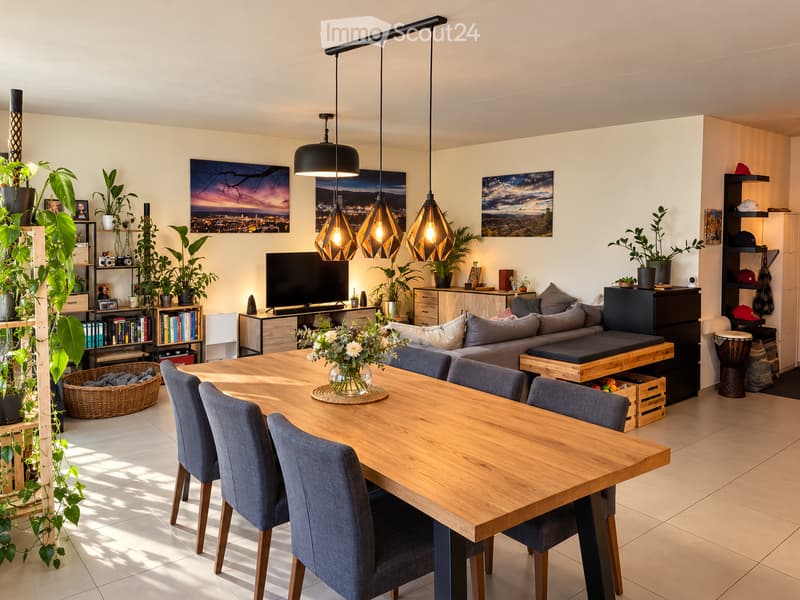 A modern, open-concept living and dining area with a wooden dining table, blue chairs, a grey sofa, a television, and several potted plants. The space features pendant lighting and a bookshelf with books and decorative items.