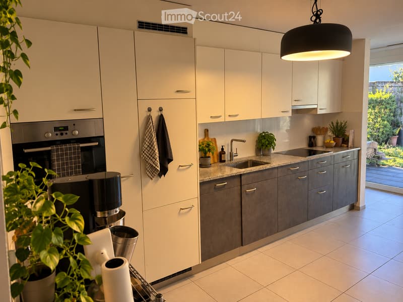 Modern kitchen with white cabinets, stainless steel appliances, and a marble countertop. Features include an oven, sink, coffee maker, and potted plants.