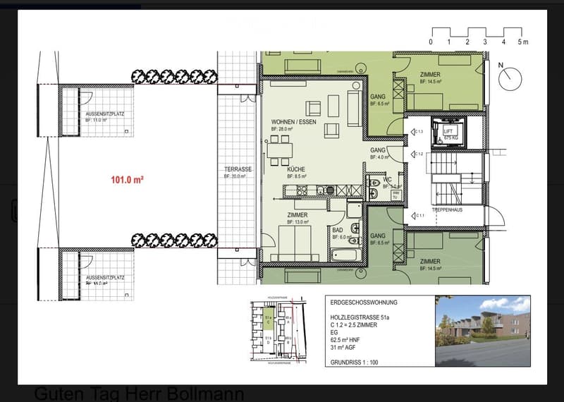 Floor plan of a ground-floor apartment with 2.5 rooms, including living/dining area, kitchen, bedroom, bathroom, hallway, and balcony.