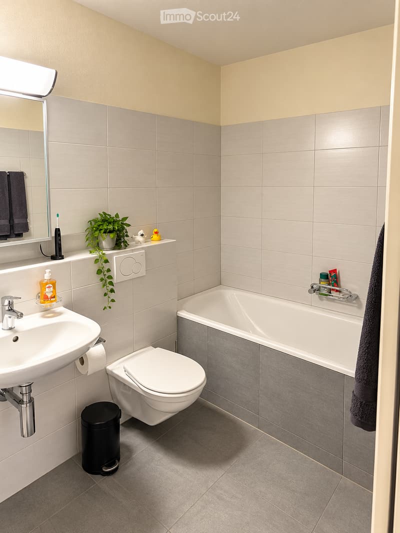 Modern bathroom with grey tiled walls, a white sink, a toilet, a bathtub, and a small plant on the windowsill. The room features a mirror, a towel, and a trash bin.