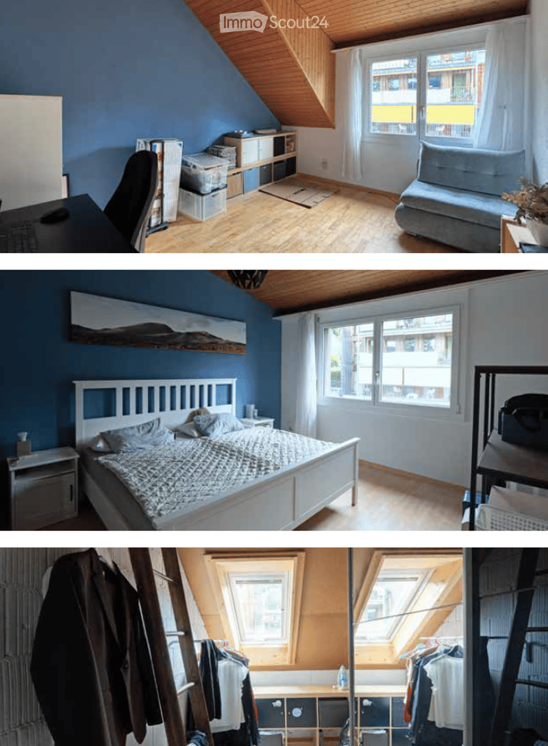 The image shows a multi-room space with a living area, bedroom, and closet. The living area features a sofa, chair, and desk. The bedroom has a bed, nightstand, and mirror. The closet includes storage boxes and hanging clothes.