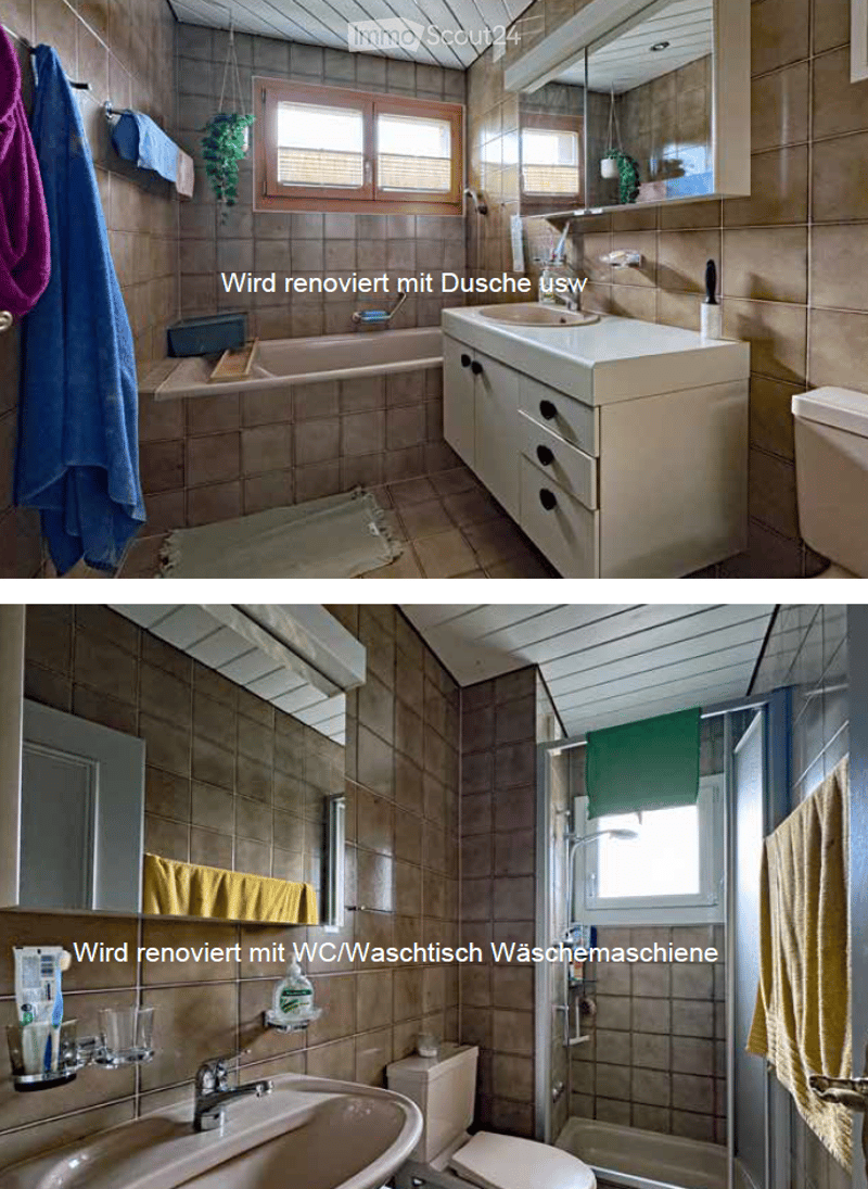 Two bathrooms shown before renovation. The top image features a bathtub, sink, mirror, and towel. The bottom image includes a toilet, sink, shower, and towel.