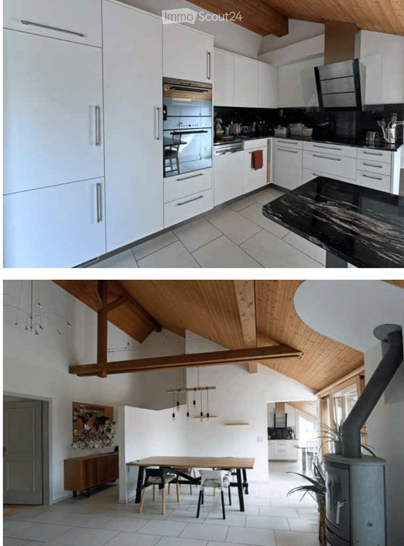 Modern kitchen with white cabinets, stainless steel appliances, and a black countertop. The space features an oven, dishwasher, microwave, and a kitchen island with a sink and faucet.