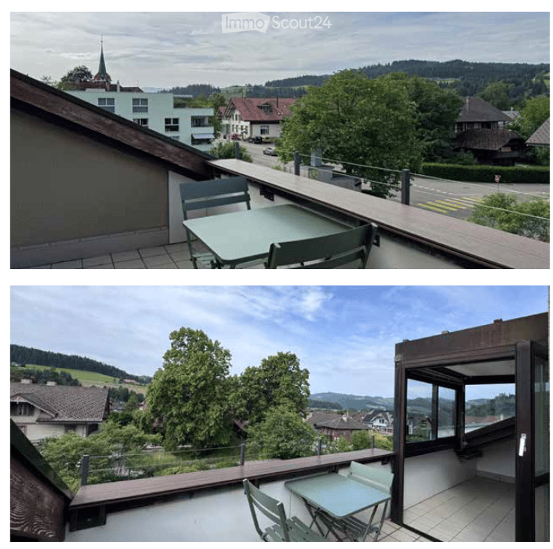 Two images of a balcony/terraces with outdoor furniture, overlooking a scenic town and landscape with trees and hills.