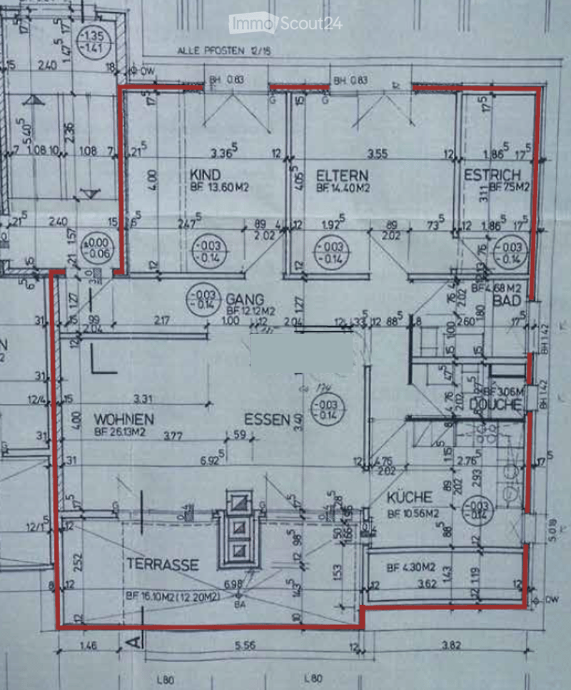 Floor plan of a multi-room apartment including living room, kitchen, bedrooms, bathrooms, and a terrace.