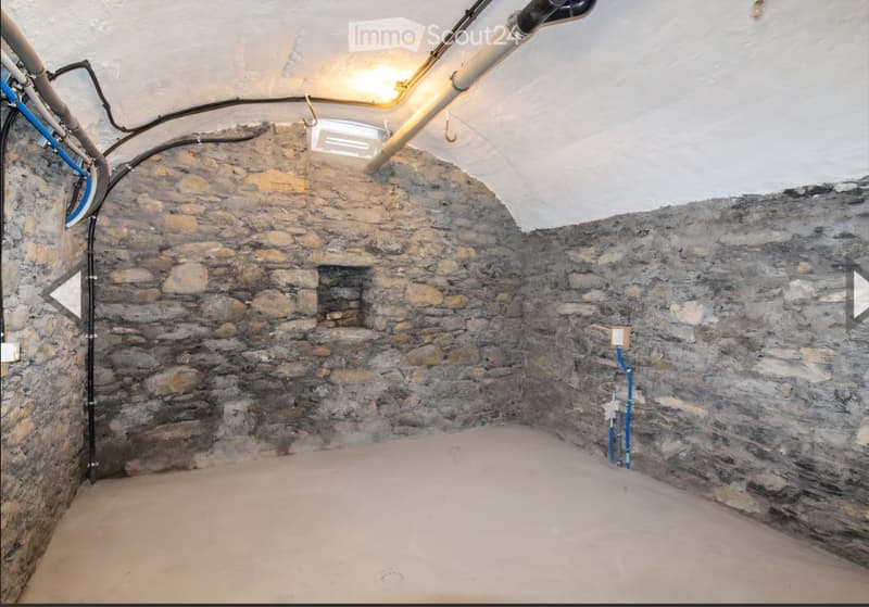 Empty basement room with exposed stone walls, concrete floor, and visible pipes and electrical wiring. No furniture or furnishings present.