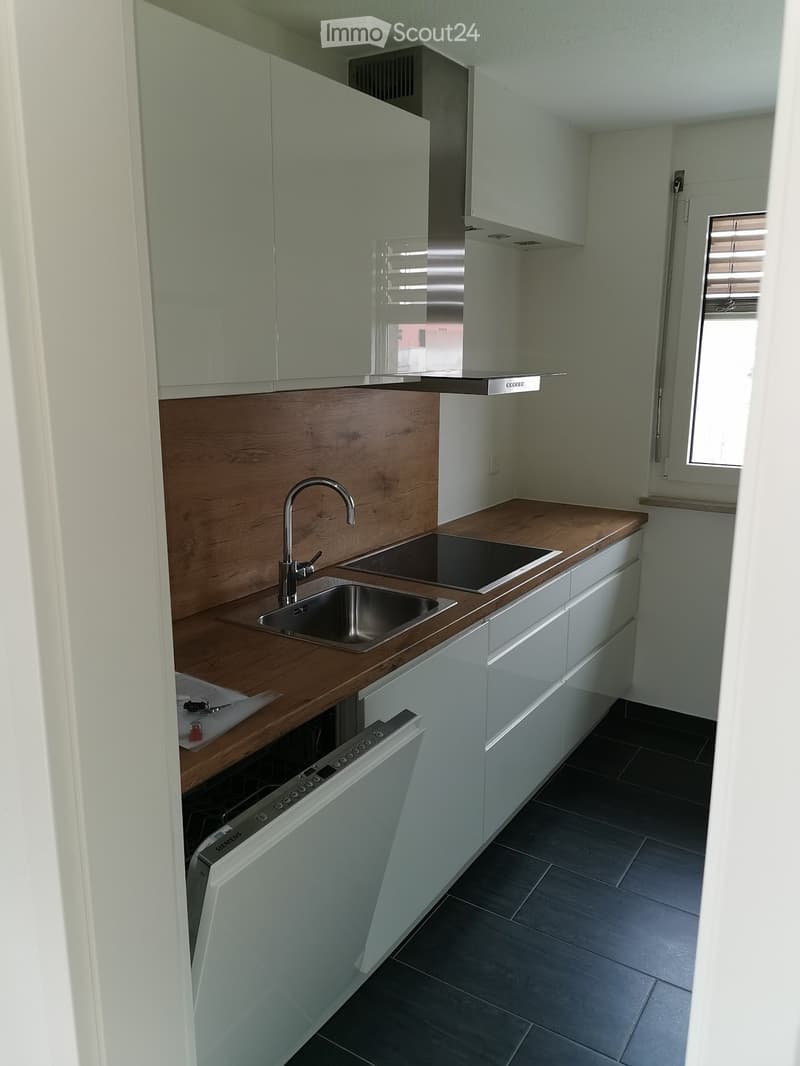 Modern kitchen with white cabinets, wooden countertop, stainless steel sink, and built-in dishwasher.