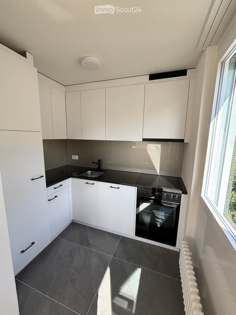 modern kitchen, black countertops, stainless steel sink and faucet, built-in oven, white cabinets, gray tiled floor, white walls