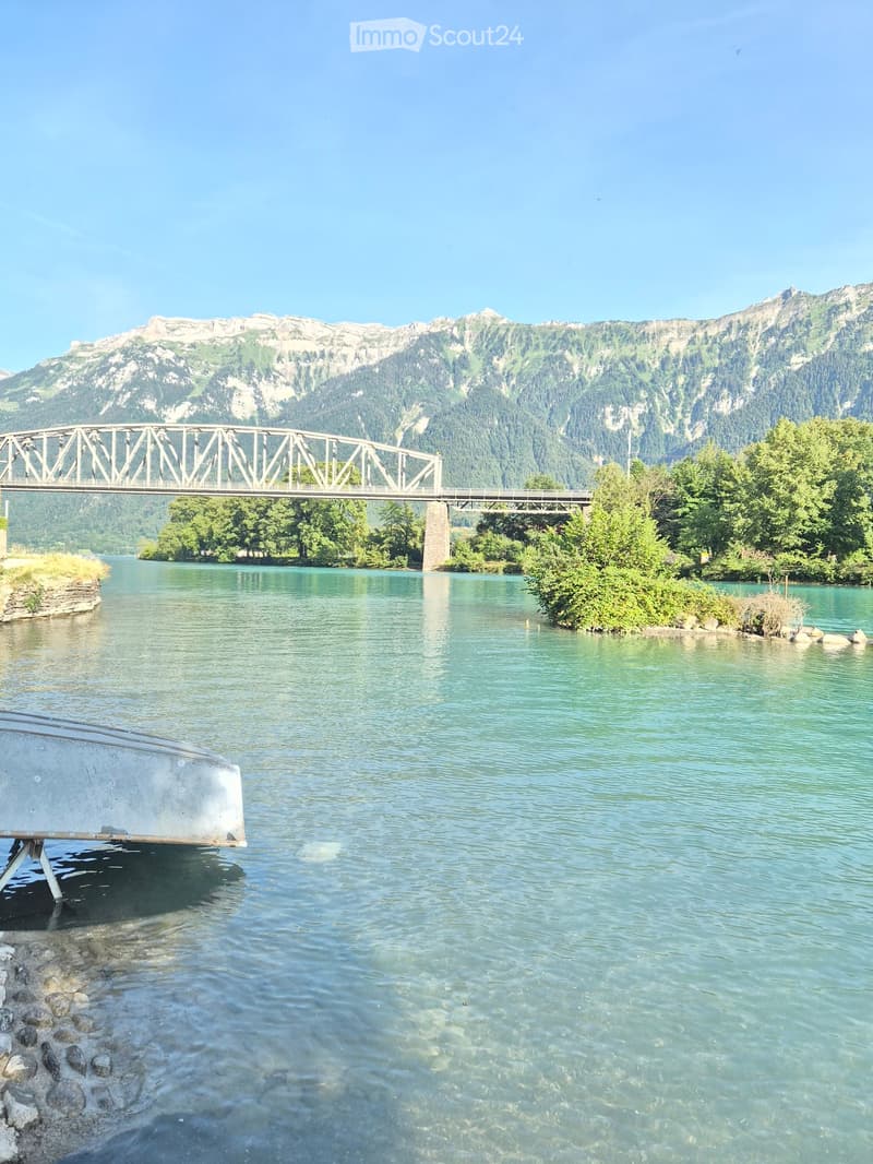 A serene river scene with a metal bridge spanning the water, surrounded by lush green trees and distant snow-capped mountains under a clear blue sky.