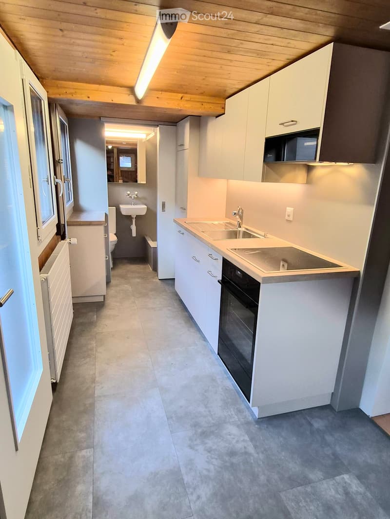 Modern kitchen with white cabinets, stainless steel sink, oven, microwave, and a small bathroom area with a toilet and sink.