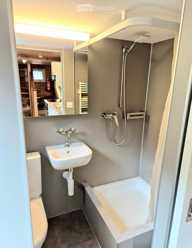 Modern bathroom with a white sink, toilet, bathtub, and showerhead. Features a large mirror and built-in storage. The walls are grey, and the floor is tiled.