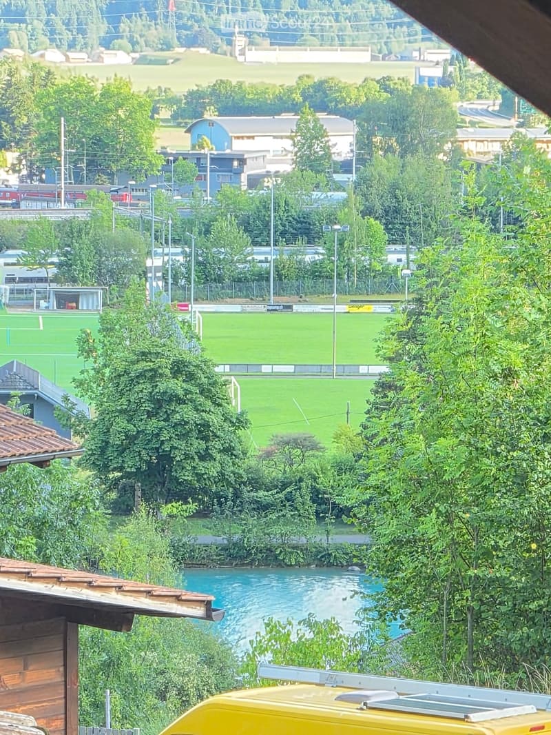 View from a balcony or terrace showing a river, green trees, a soccer field, and distant buildings.