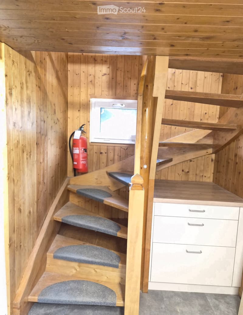 Wooden staircase with grey carpeted steps leading up, small drawer unit, and a fire extinguisher on the wall.