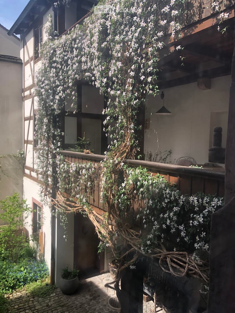 A charming garden area with a wooden balcony, lush white-flowering vines, and a small potted plant on the ground.