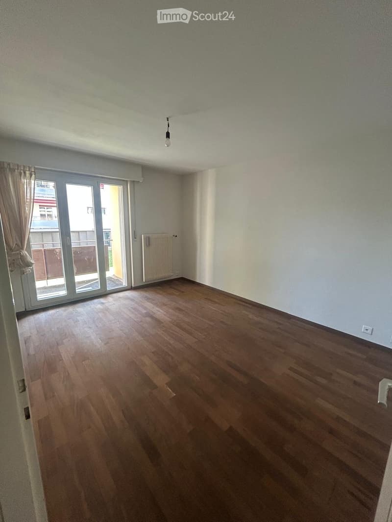 Empty room with wooden flooring, large sliding glass door leading to a balcony, radiator, and a single light fixture on the ceiling.