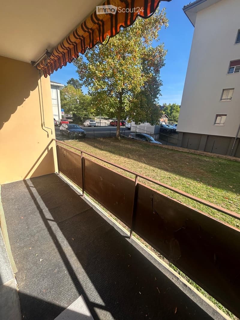 Balcony with metal railing, overlooking a grassy area and street with parked cars.