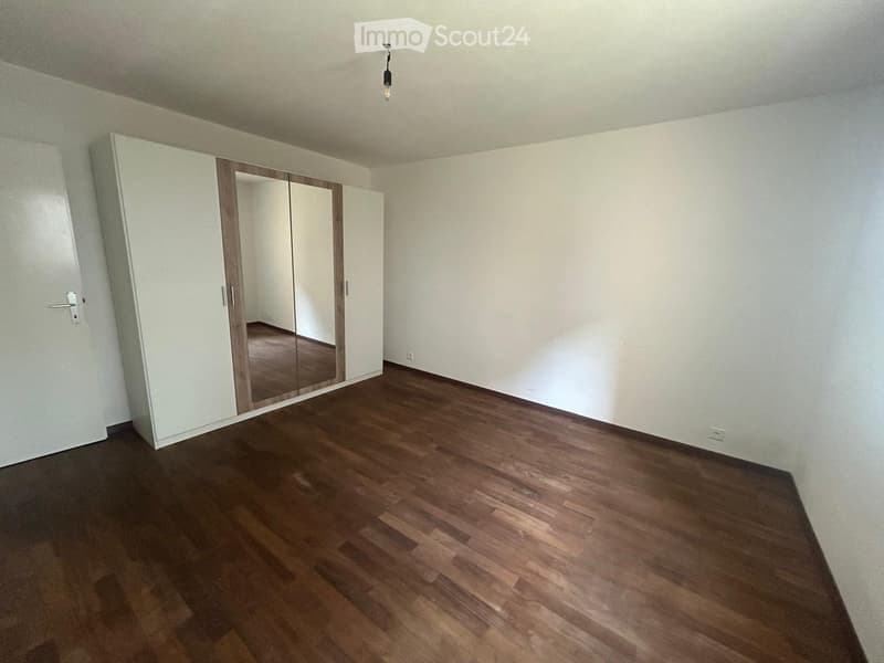 Empty room with wooden flooring, white walls, and a large mirrored wardrobe unit.