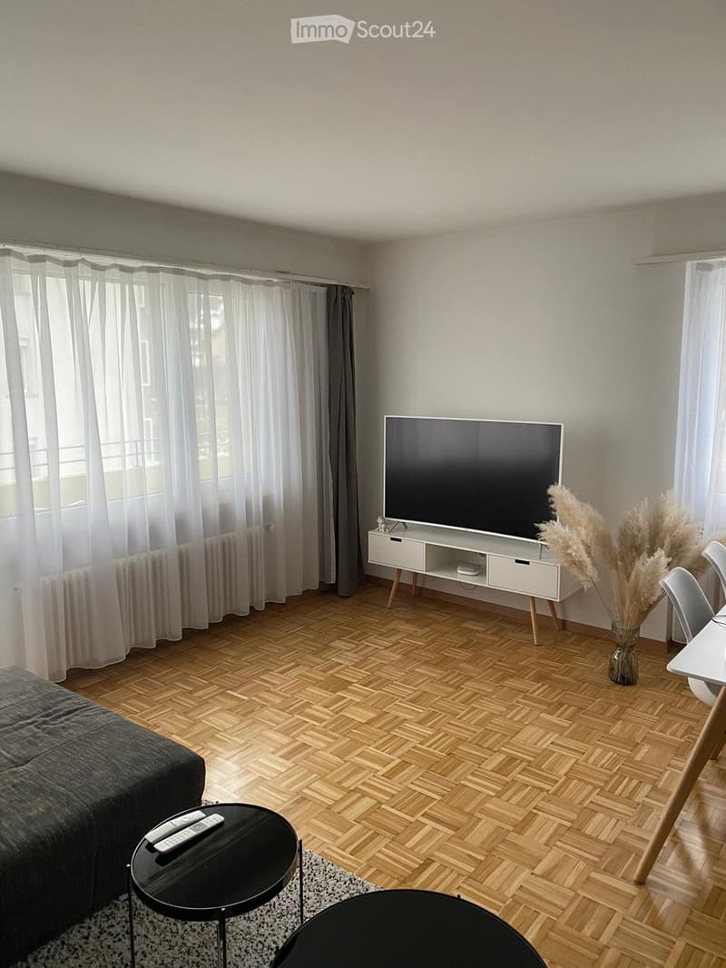 Living room with wooden herringbone flooring, large window with white curtains, grey sofa, black coffee table with remotes, flat-screen TV on a white stand, white dining chair, and decorative vase with dried plants.