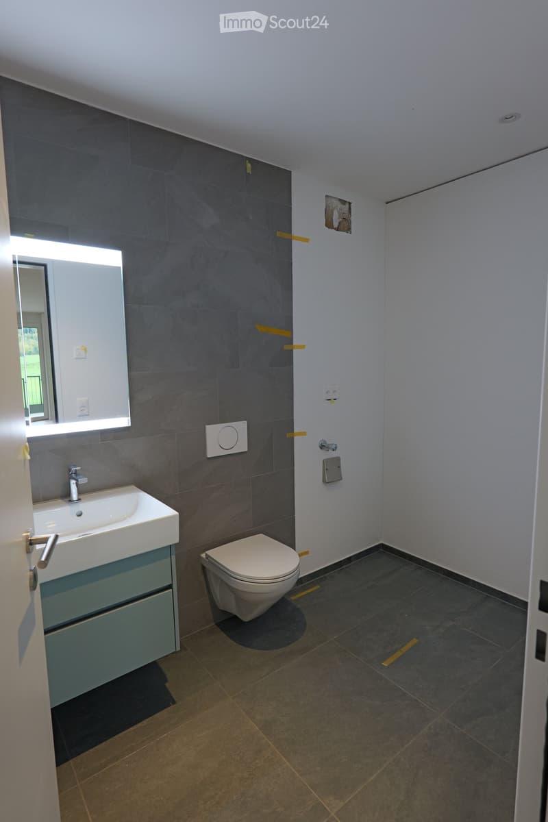 Modern bathroom with grey tiles, white sink, toilet, and a mirror above the sink. The room features a window providing natural light and a cabinet with blue drawers beneath the sink.