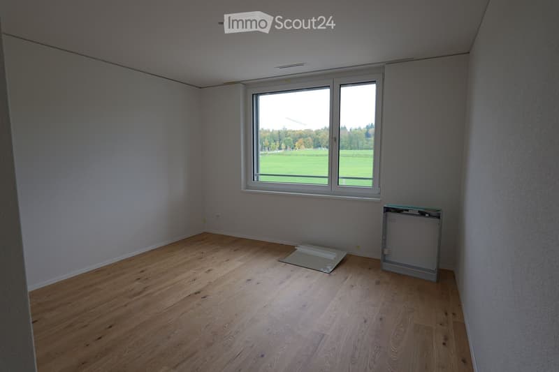 Empty room with wooden flooring, white walls, and large windows overlooking a green field.