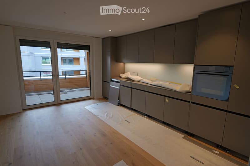 Modern kitchen with grey cabinets, a built-in oven, and a sink, featuring a large sliding glass door leading to a balcony.