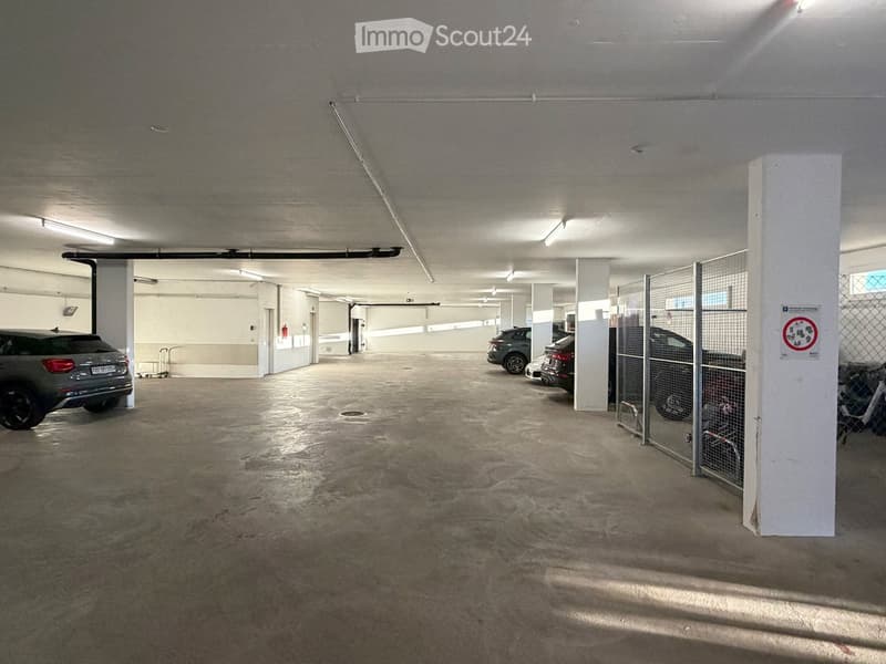 Underground parking area with several parked cars, concrete pillars, and a gated section.