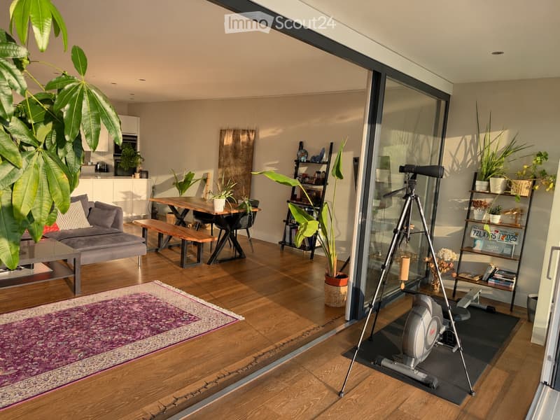 Modern living space with wooden flooring, large window, sofa, coffee table, dining area, exercise bike, tripod, shelves, and potted plants.
