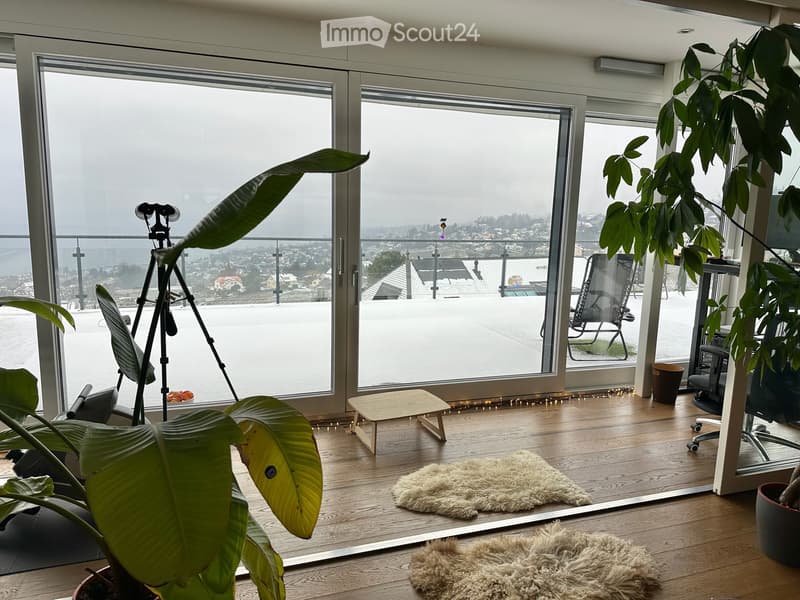 Bright living room with large windows offering a scenic view, featuring a sofa, small table, chair, and lush green plants.