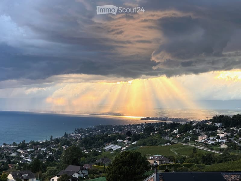 A panoramic view of a town with houses, trees, and a body of water under a dramatic sky with sunlight breaking through clouds.