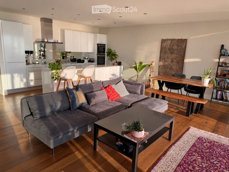 Modern living room with grey sectional sofa, coffee table, dining table, white kitchen cabinets, and various plants.