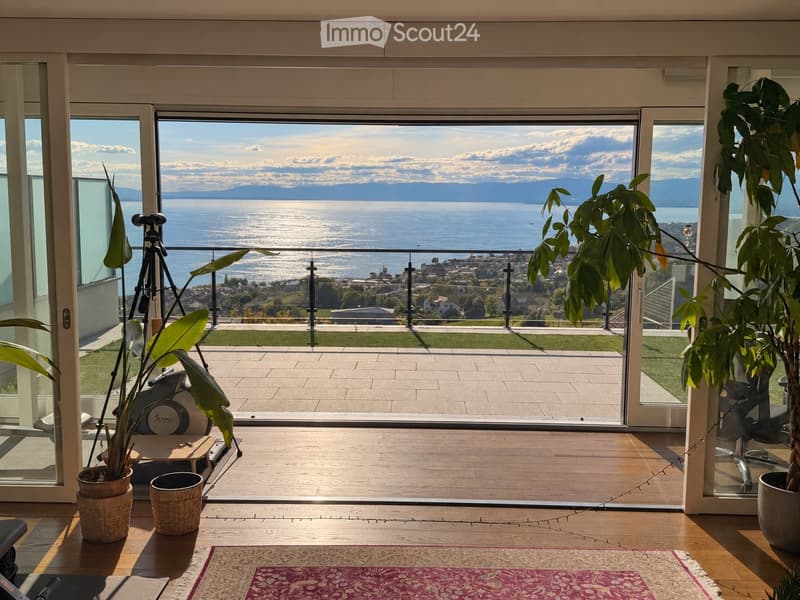 Bright living space with wooden flooring, large windows offering a scenic lake and mountain view, potted plants, exercise bike, tripod, and a decorative rug.