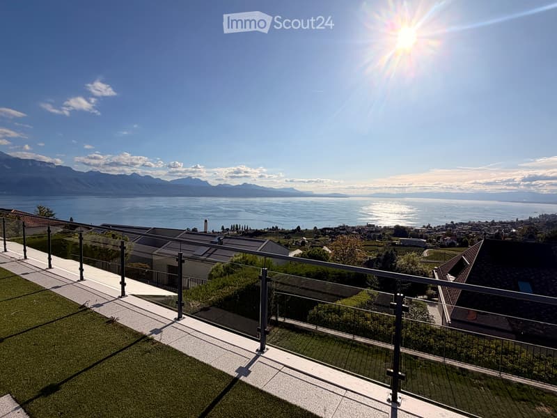 Balcony with a panoramic view of a lake and mountains, featuring a modern glass railing and a paved walkway.