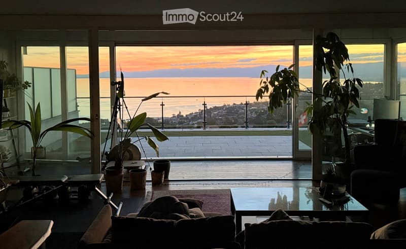Modern living room with large windows offering a scenic ocean view, featuring a sofa, coffee table, glass table, potted plants, and a tripod.